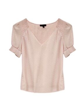 𝖣𝖸𝖭𝖠𝖬𝖨𝖳𝖤 Semi-Sheer Pink Puff Sleeve Swiss Dot Short Sleeve Chiffon Blouse